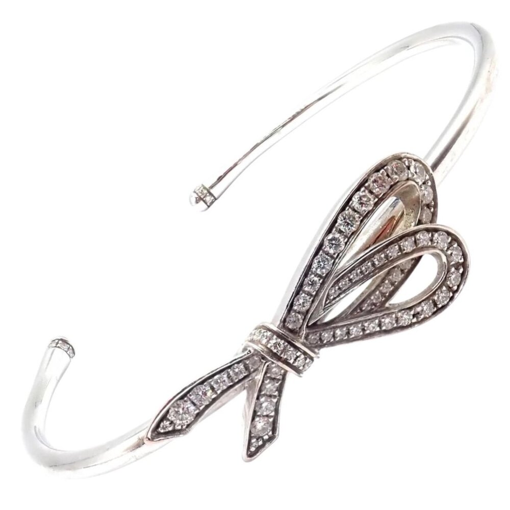 Authentic! Tiffany & Co 18k White Gold Diamond Bow Ribbon Bangle Cuff Bracelet